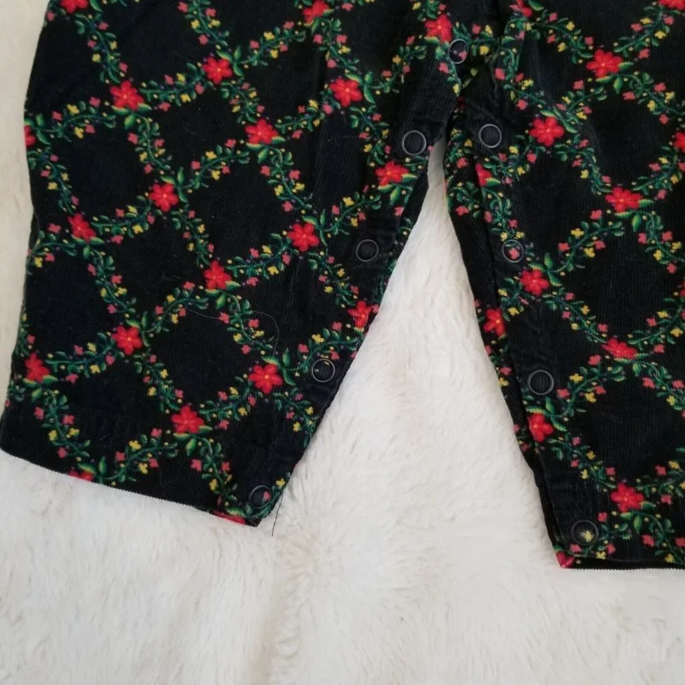 Vintage 90s Gymboree Girls 12-18 Months Corduroy Floral Black Jumpsuit One Piece